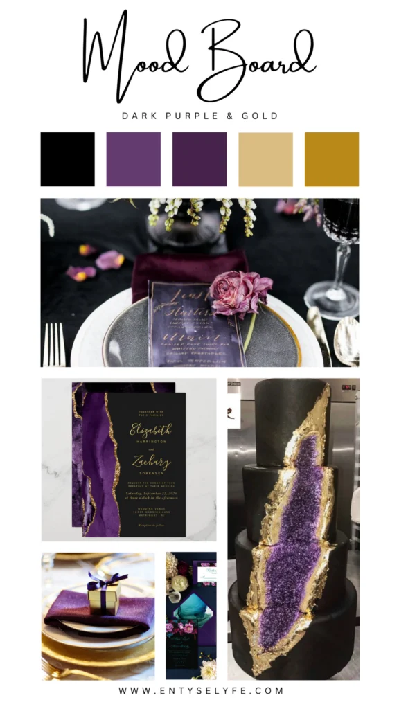 Dark place setting with plum florals, amethyst accents and a black invitation suite