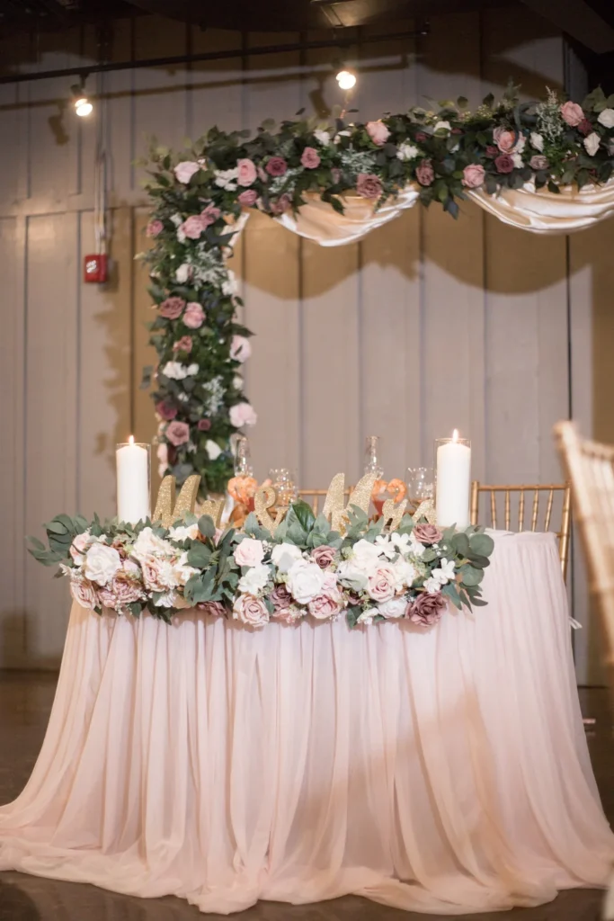 Sweetheart table with blush florals and candles