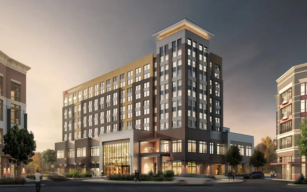Modern hotel exterior rendering at dusk