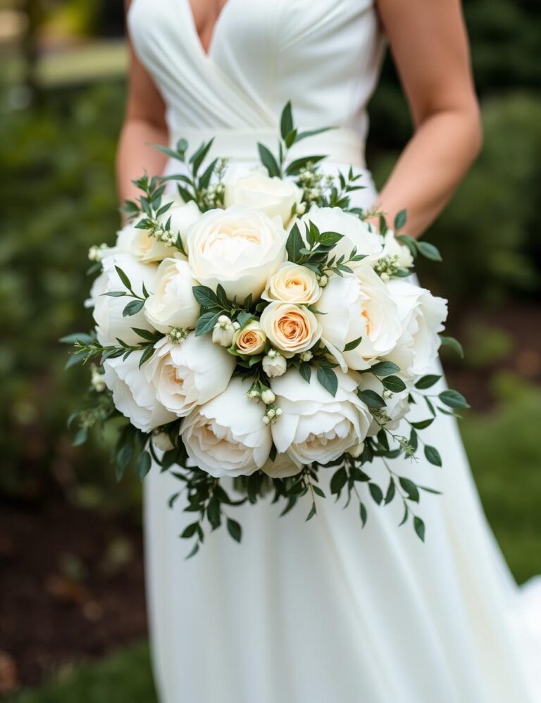 Bridal bouquet of white garden roses and peonies with eucalyptus against a white gown