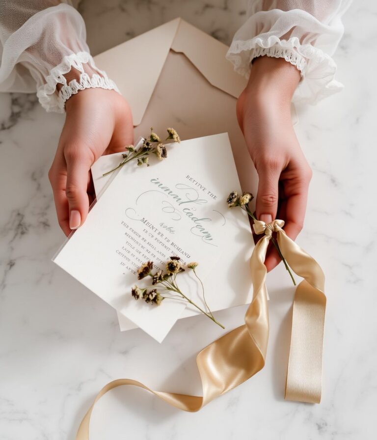 Hands holding a calligraphed wedding invitation with dried florals and silk ribbon