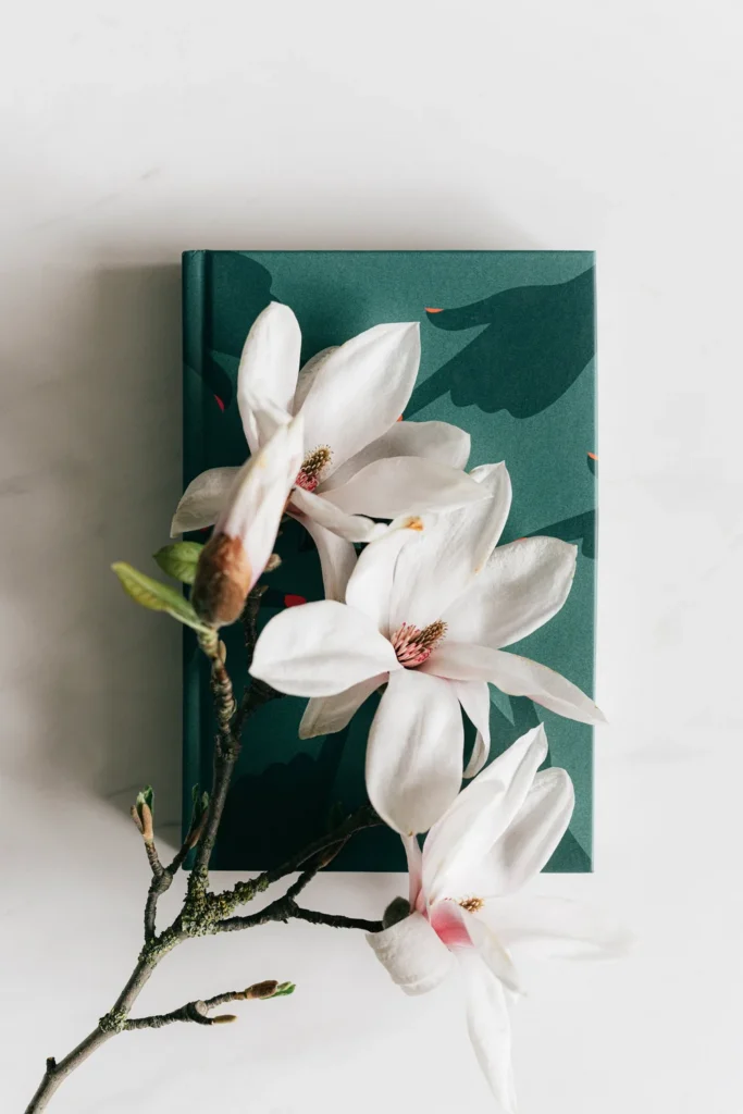 White magnolia blossoms photographed against a deep emerald green backdrop