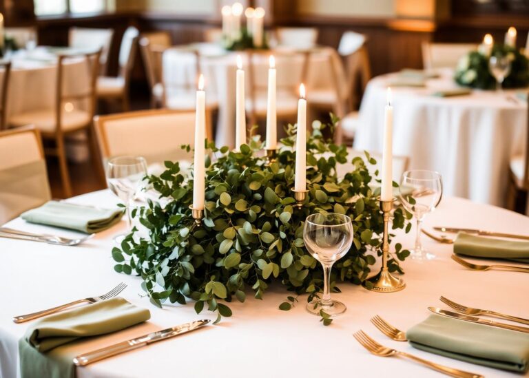 Long head table with taper candles and a full eucalyptus garland runner