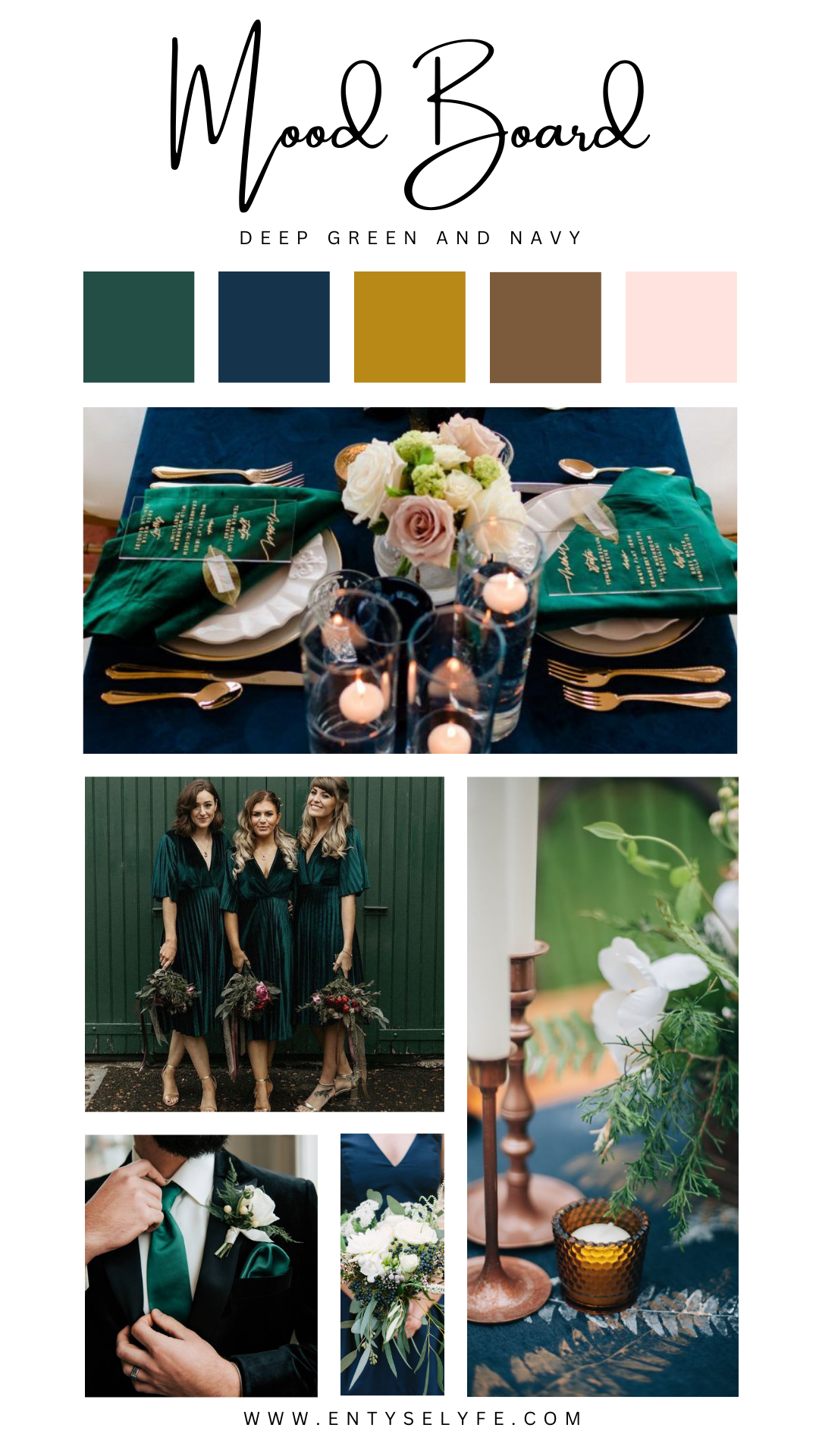 Emerald green wedding tablescape with gold cutlery and bridesmaids in green dresses