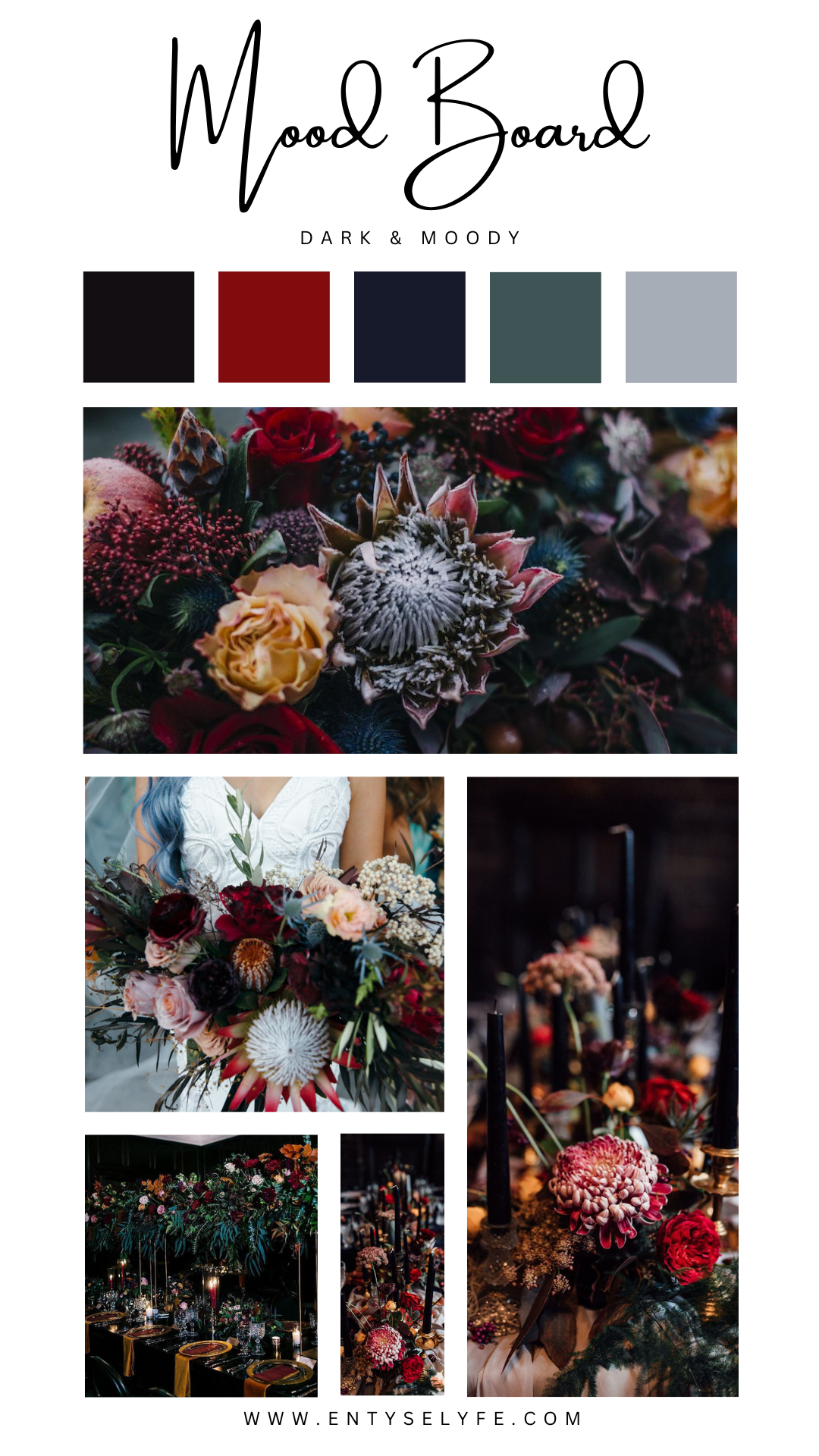 Collage of moody jewel tone bridal bouquets with dark burgundy blooms