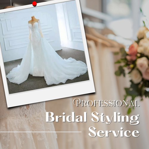 Beaded lace wedding gown displayed on a dress form beside a bright window