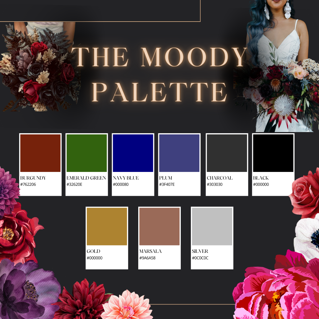 The Moody Palette colour board with jewel tone swatches and dark florals