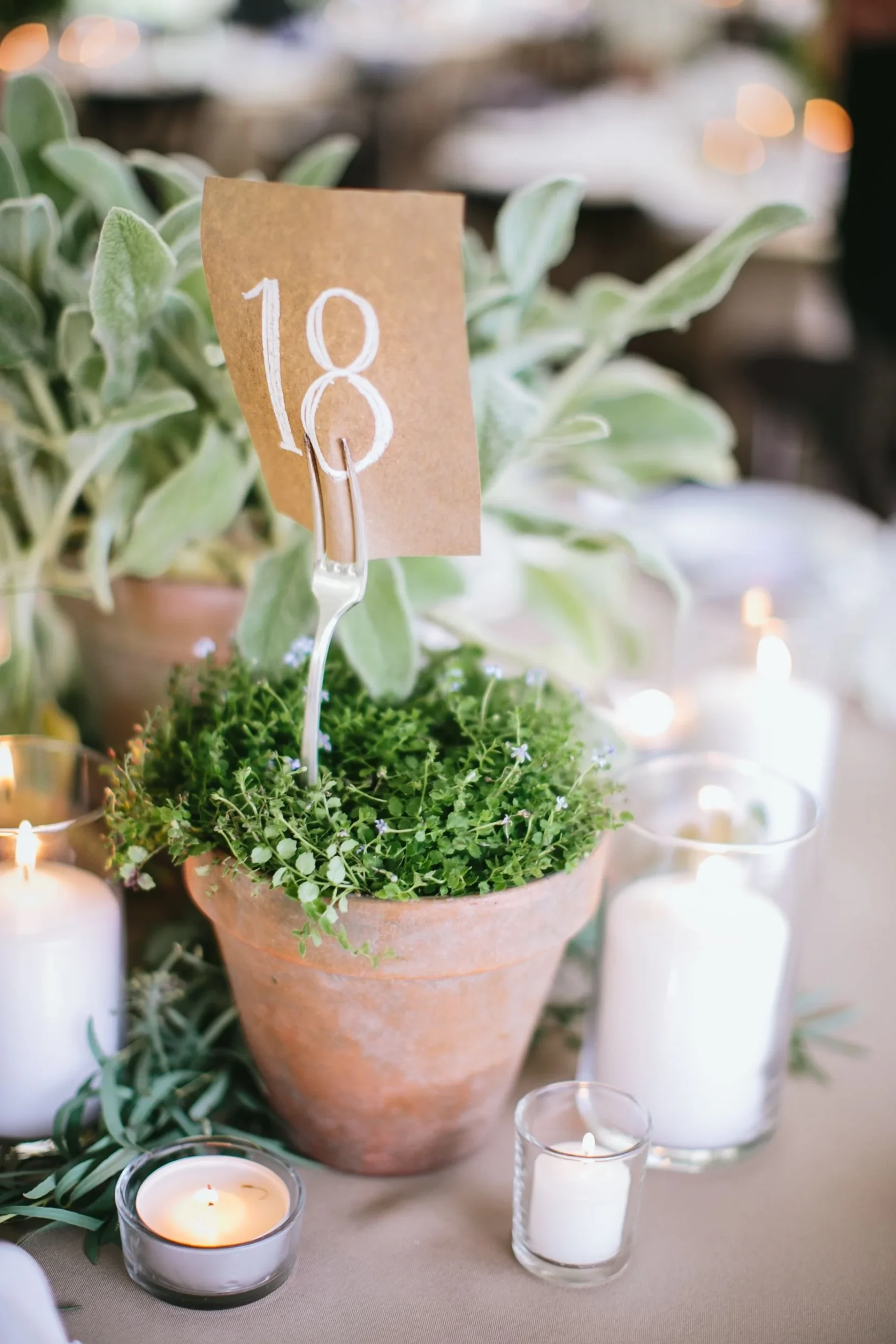 Potted herb centrepiece with a kraft table number and pillar candles