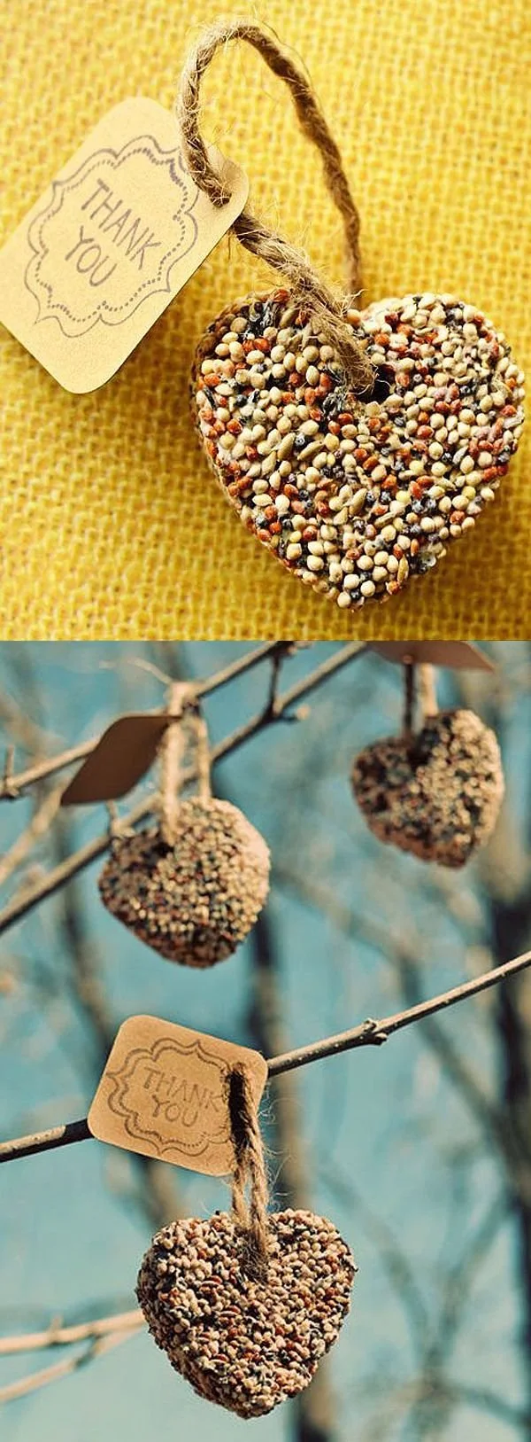 Heart shaped birdseed favours hanging from a branch against burlap