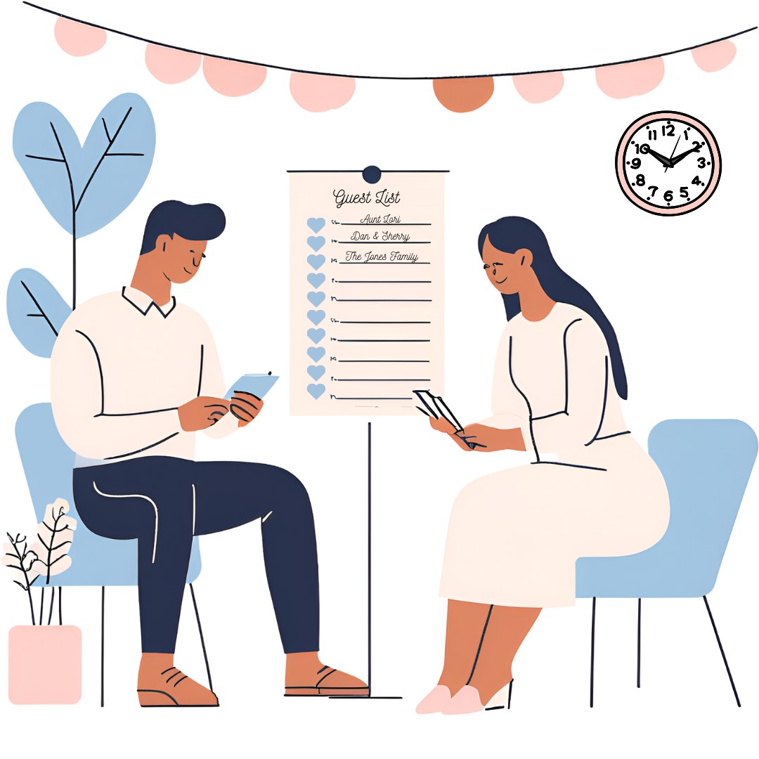 Illustration of a couple reviewing a wedding planning checklist together