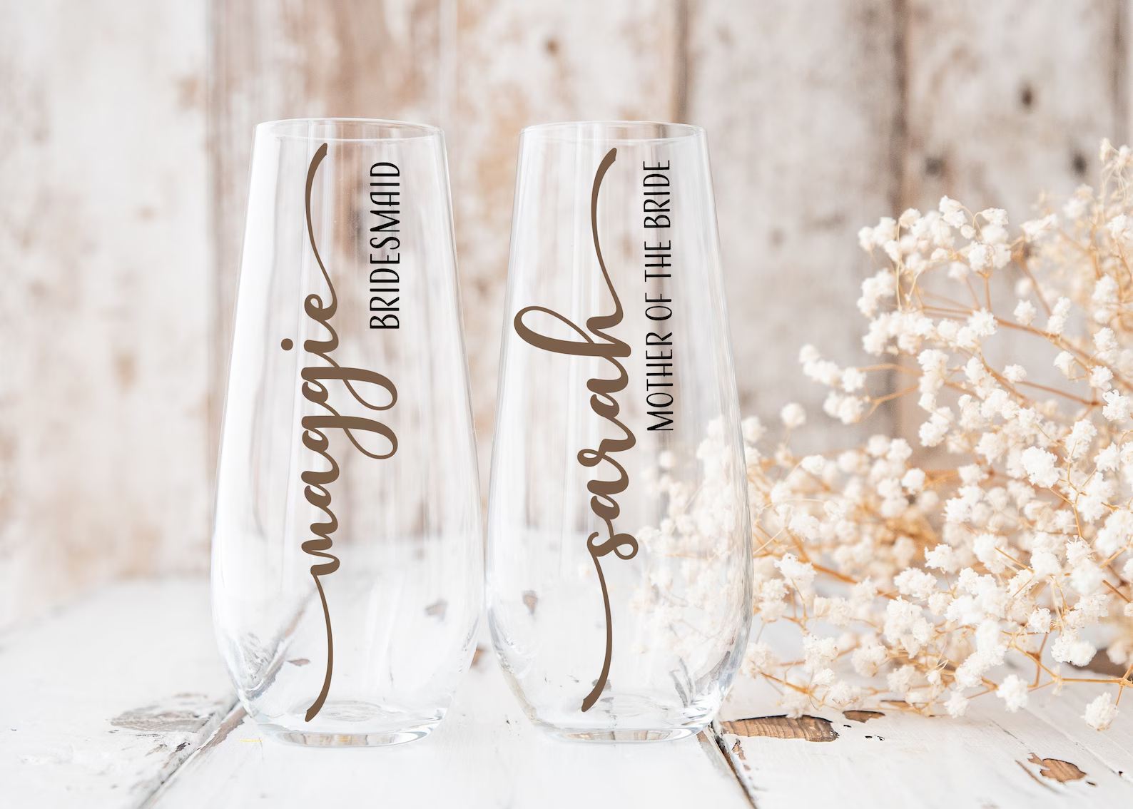 Personalised stemless champagne flutes for bridesmaids and the mother of the bride