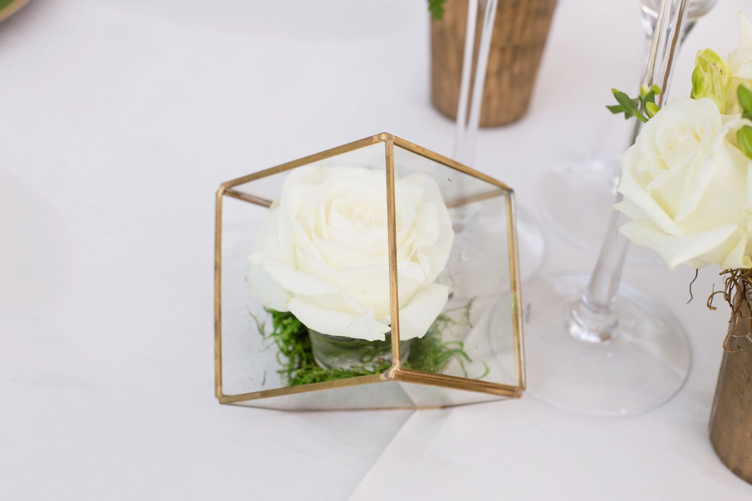 Single white rose in a geometric gold terrarium centrepiece