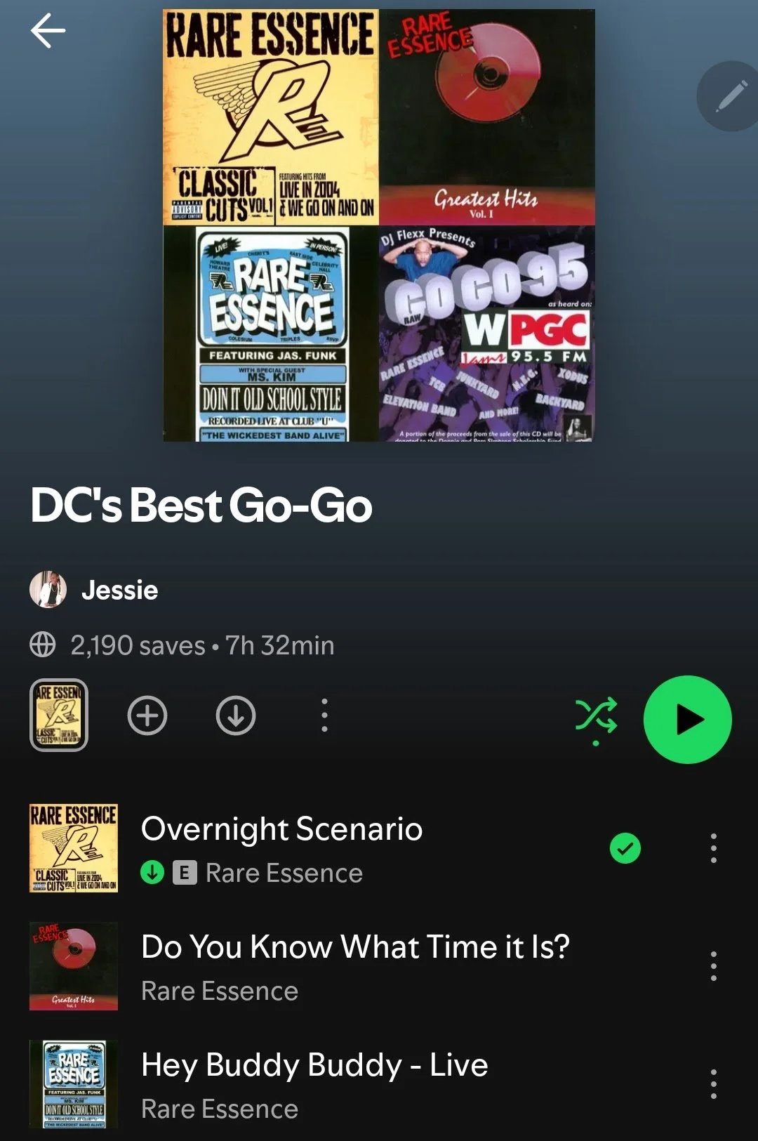 Spotify playlist screen showing a DC go-go music collection