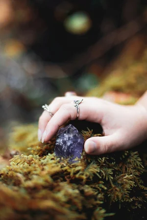Hand holding a raw amethyst crystal over green moss