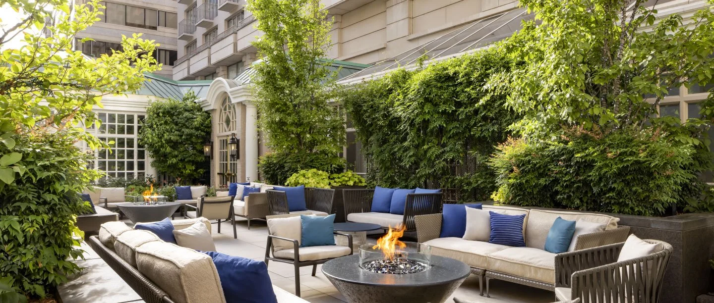 Hotel courtyard terrace with a fire pit, blue cushions and a living green wall