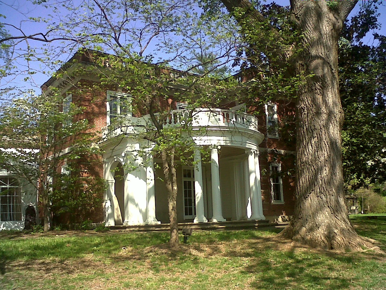 Historic brick manor house with white columns beneath a large shade tree