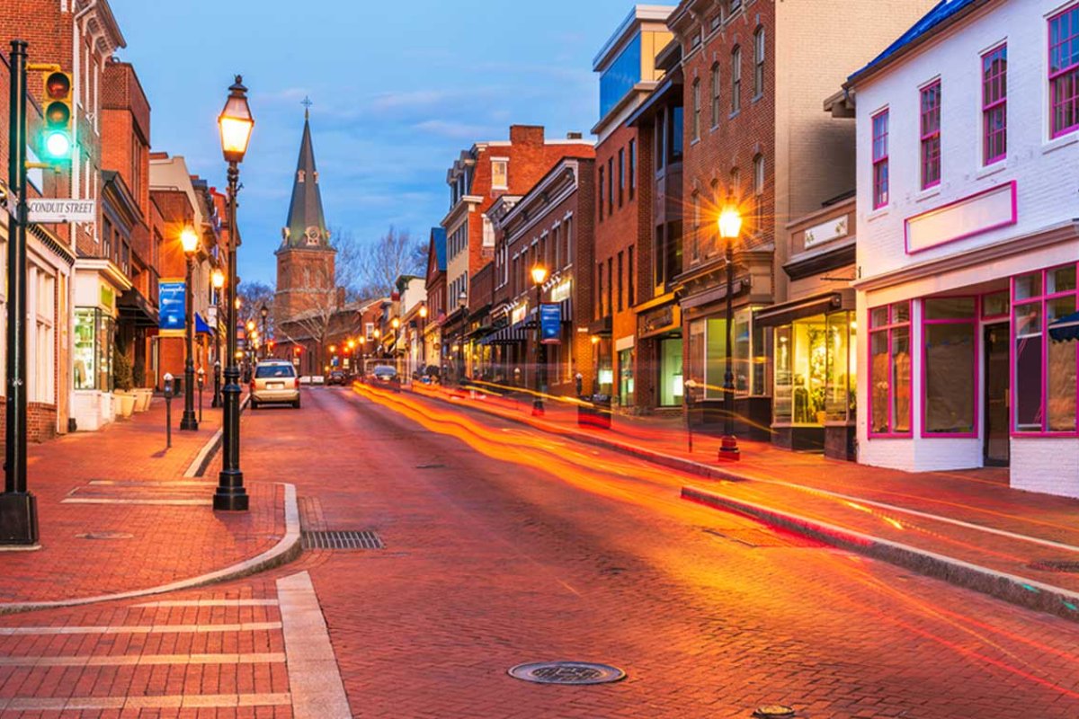 Annapolis Main Street at dusk with historic storefronts